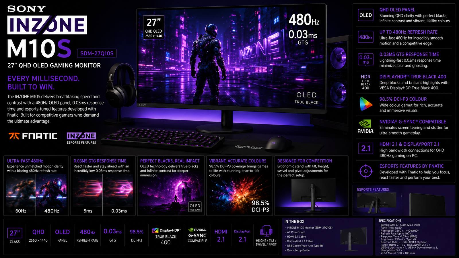 Sony INZONE M10S SDM-27Q10S E16, 27-inch QHD OLED Gaming Monitor, 2560x1440, 480Hz, 0.03ms GTG, DisplayHDR True Black 400, 98.5% DCI-P3, G-SYNC Compatible, HDMI 2.1, DisplayPort 2.1 | SDM-27Q10S
